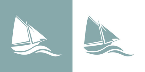 Logo Nautical. Silueta de barco de vela con olas de mar © teracreonte