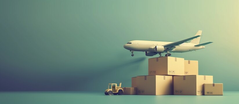 Airplane and stack of cardboard boxes. concept of air cargo and parcels, airmail. Fast delivery of goods and products. Cargo aircraft. Logistics, connection to hard-to-reach places. Air fleet supply.