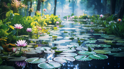 A pond filled with lots of water lilies  - Powered by Adobe