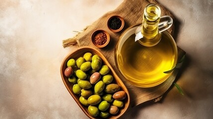 Obraz na płótnie Canvas olive oil bottle with green olives background with copy space