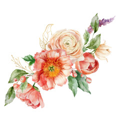 Watercolor bouquet of peonies, ranunculi and linear gold leaves. Hand painted card of floral elements isolated on white background. Holiday flowers Illustration for design, print or background. - 734902333