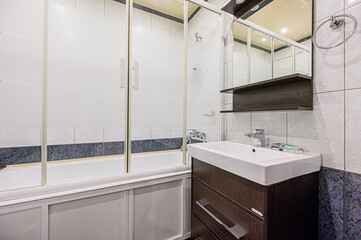 interior apartment room bathroom, sink, decorative elements, toilet. WC, sanitary unit, wash room
