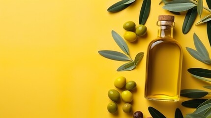 olive oil bottle with green olives background with copy space