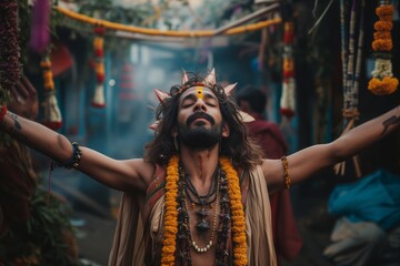 Sadhu - Indian saint spread his arms wide in the alley. Crazy sadhu in India