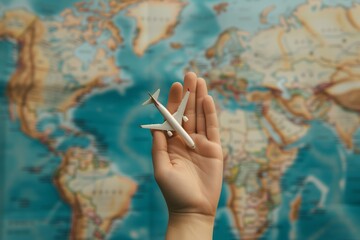 Model of a small airplane in a woman’s hand against the background of a world map. Horizontal photo, close-up, soft focus. Travel concept, transportation by air around the world