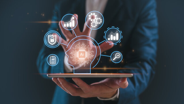 Digital transformation technology strategy, IoT, internet of things. transformation of ideas and the adoption of technology in business, businessman holding virtual tech icon