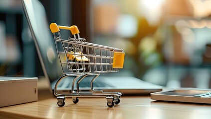 Small shopping cart filled with parcel boxes symbolizing ease and convenience of online shopping beside laptop on table within home represents connection between digital commerce and physical delivery - Powered by Adobe