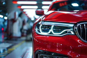 Detail close up view of the LED adaptive head light of premium luxury sedan car. Automotive headlight lighting technology detail.