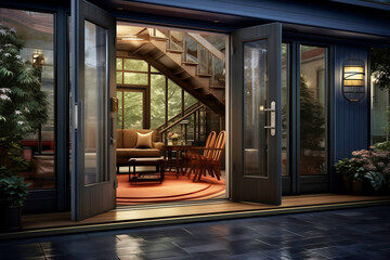 illuminated entrance to the living room with glazed wooden panel doors, in blue