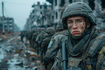 Obraz premium A war-torn city, the war there, and the exhausted soldiers. Generative Al