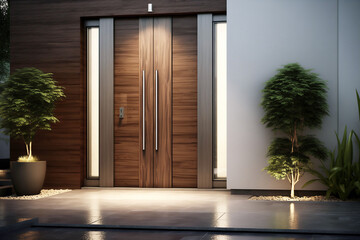 entrance of the house with exclusve wooden brown doors, pivot doors, in the evening - 734903351