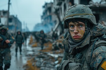 Fototapeta premium A war-torn city, the war there, and the exhausted soldiers. Generative Al