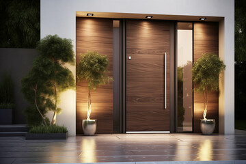 illuminated house entrance with exclusive wooden brown doors, in the evening - 734903768