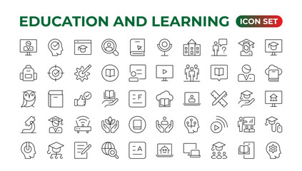 Fototapeta na wymiar Education line icon collection.Contains knowledge, college, task list, design, training, idea, teacher, file, graduation hat, institute, ruler, and telescope.