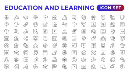 Education line icon collection.Contains knowledge, college, task list, design, training, idea, teacher, file, graduation hat, institute, ruler,and telescope.Education set of web icons in style.