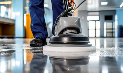 Professional janitorial staff using an industrial floor buffer machine for cleaning and polishing the hallway of a modern corporate or commercial building