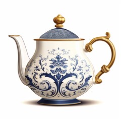 a blue and white teapot with a handle and a lid