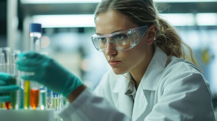 A focused female scientist in a well - lit laboratory, wearing a white lab coat and safety goggles, intently examining a test tube filled with a colorful chemical solution