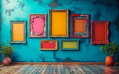 Assorted colorful vintage picture frames of different sizes and shapes on a teal blue wall over a wooden floor, creating a creative and decorative gallery wall concept