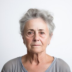 Obraz premium An older woman with grey hair and a gray shirt stands in front of a neutral background.