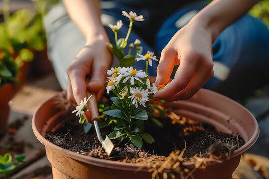 Closeup of woman's hands planting flower into the pot in her home garden helping with a trowel.