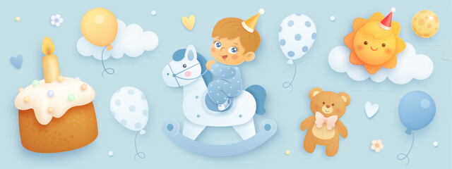 Happy birthday 3d cartoon elements for boy set isolated on blue background. Baby boy birthday collection. Vector illustration