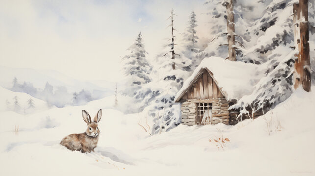 A watercolor painting of a rabbit sitting.