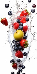 fruit splashing out of the side of a vase filled with berries and cherries