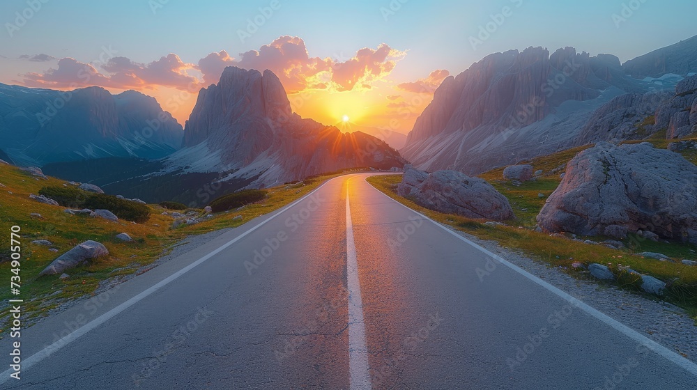 Poster An empty mountain pass in spring with an empty highway and a colorful sunset on the mountain side. Dolomites, Italy. Beautiful curved roadway, rocks, stones, blue sky with clouds.