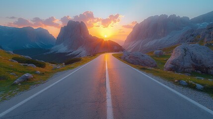 An empty mountain pass in spring with an empty highway and a colorful sunset on the mountain side. Dolomites, Italy. Beautiful curved roadway, rocks, stones, blue sky with clouds. - obrazy, fototapety, plakaty