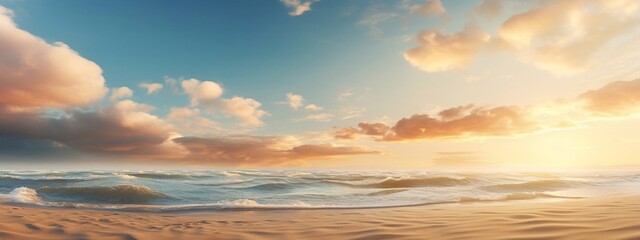 Empty tropical beach and seascape pastel peach fuzz and gold sunset sky, soft sand, tranquility,...