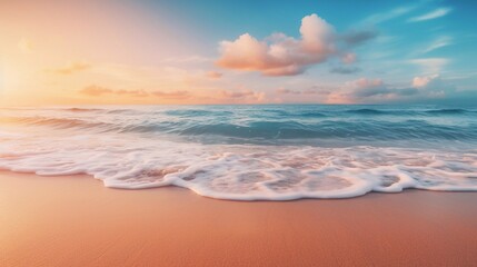 Fototapeta na wymiar Empty tropical beach and seascape pastel peach fuzz and gold sunset sky, soft sand, tranquility, calm relaxing sunshine, summer moode