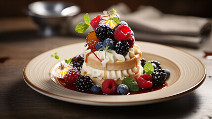 A white plate topped with desserts and berries.