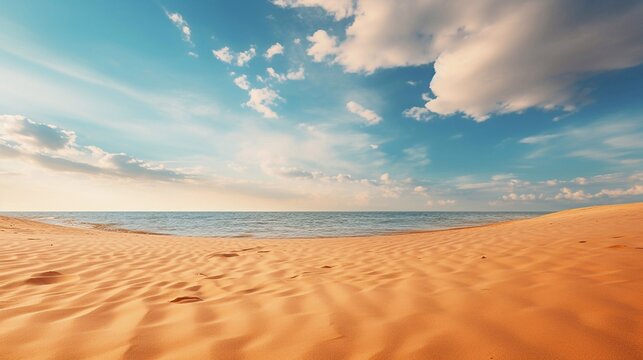 Empty tropical beach and seascape pastel peach fuzz and gold sunset sky, soft sand, tranquility, calm relaxing sunshine, summer moode
