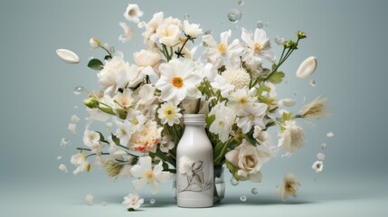 white flower bouquet and bottle