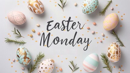 Typography: Happy Easter Monday trendy design with hand drawn strokes and dots, eggs, bunny ears, spring flowers in pastel colors. Modern minimalist style. - obrazy, fototapety, plakaty