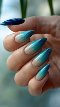 Beautiful woman's hand with long nails, blue manicure.