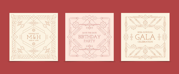 Flat linear square card set collection for events with ornaments and geometric shapes