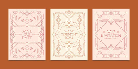 flat linear vertical card template collection for events with ornaments and geometric shapes