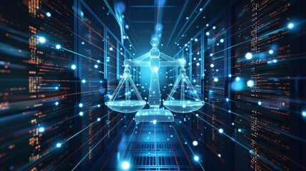 Empty Copy space banner Law on background of data center. Digital law concept of duality of Judiciary, Jurisprudence and Justice and data in the modern world