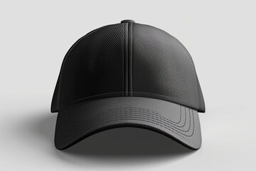 Explore a premium black baseball cap mockup in a frontal perspective, featuring detailed texture...