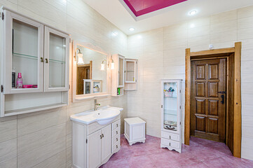 interior apartment room bathroom, sink, decorative elements, toilet. WC, sanitary unit, wash room