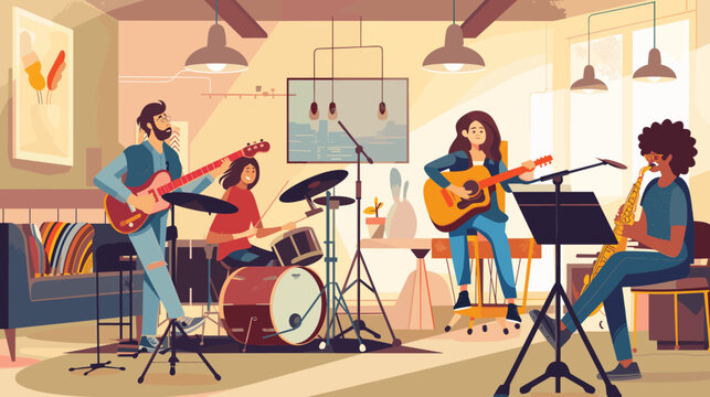 Home studio setting with a band practicing each engaging with different instruments and contributing to the casual.