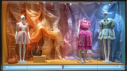 Mannequins in boutique window showcasing soft pop color fashion