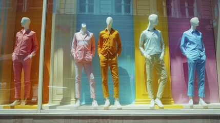 boutique window display with mannequins dressed in soft pop color outfits