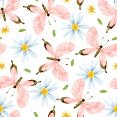Watercolor pink butterflies and daisies seamless pattern