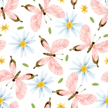 Watercolor pink butterflies and daisies seamless pattern