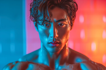 Dramatic Portrait of a Sweaty Athlete in Neon Light