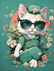 Fototapeta premium Kawaii Luck Stylish White Cat Vector T-Shirt Design with Japanese Style on a Light Aquamarine Background