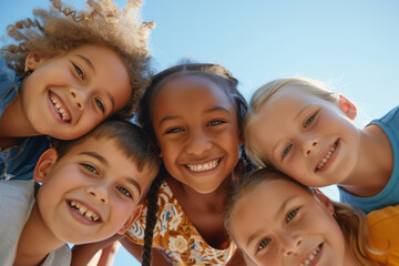 Portrait of cheerful multiracial kids looking into camera and smiling. Children of different skin...